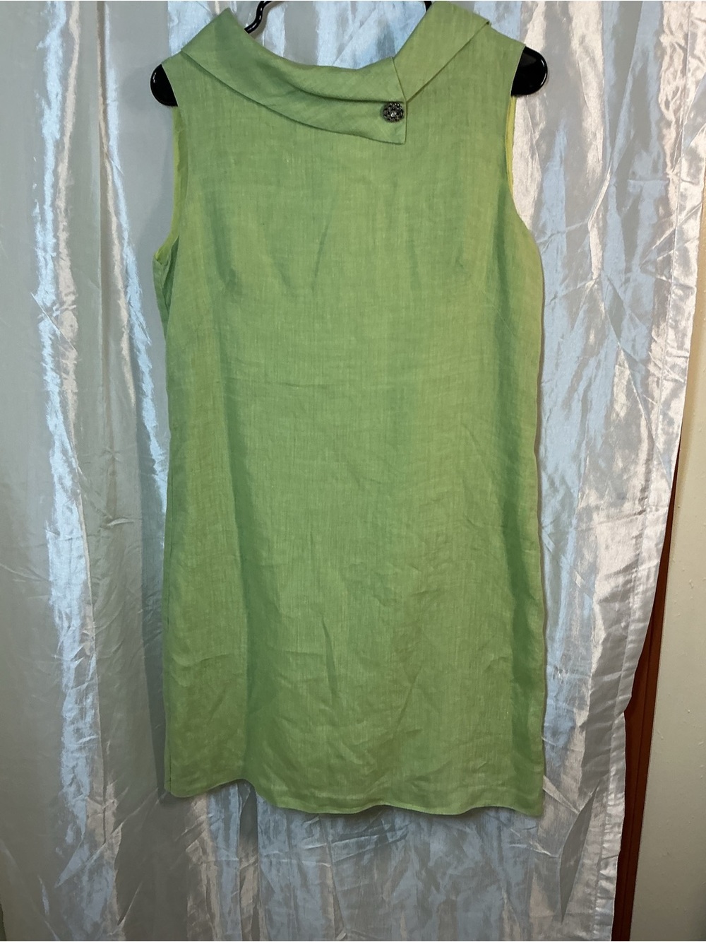 Sleeveless Light Green Linen Midi Dress with Asymmetrical Collar